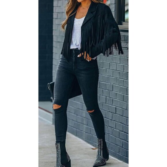 Women's Black Trendy Fall Western Fringe Cropped Faux Suede Leather Jackets - Picture 5 of 6